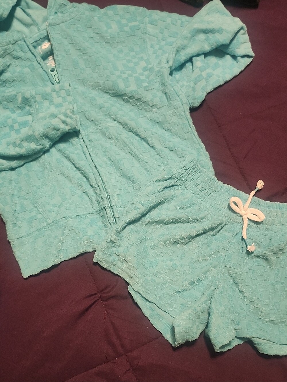 Girls' Aqua Textured Zip Hoodie & Drawstring Shorts Set & Matching Blue Set